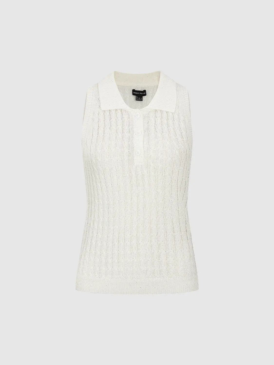 Twisted Knit Polo Collar Sleeveless Tank Top