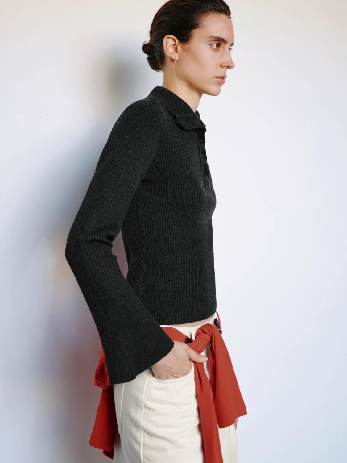 Ribbed Button Front Flared Mock Neck Long Sleeve Sweater
