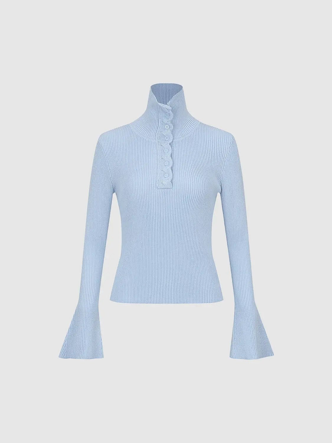 Ribbed Button Front Flared Mock Neck Long Sleeve Sweater