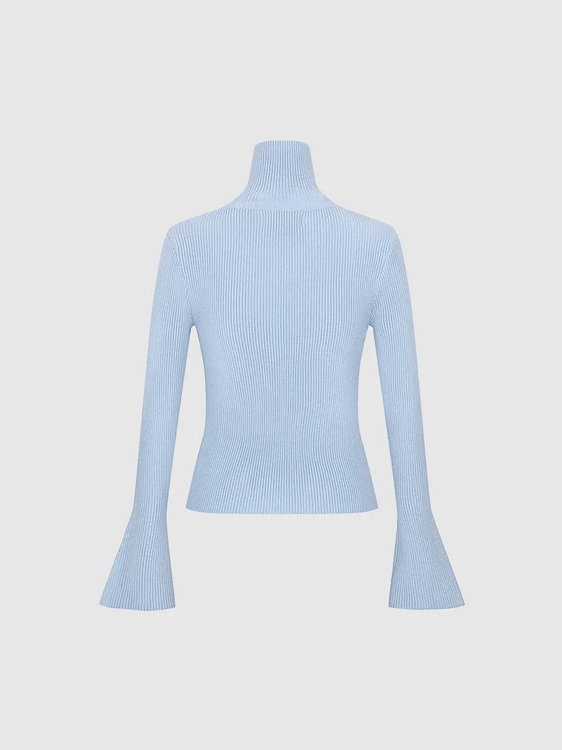 Ribbed Button Front Flared Mock Neck Long Sleeve Sweater