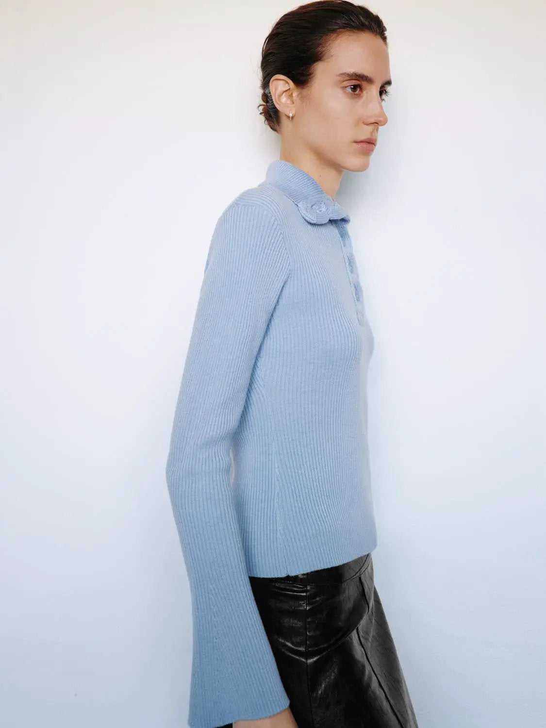 Ribbed Button Front Flared Mock Neck Long Sleeve Sweater