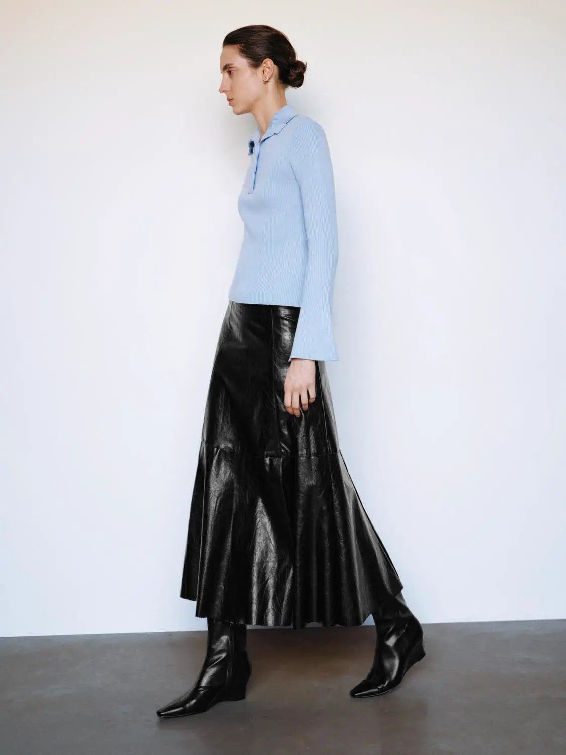 Ribbed Button Front Flared Mock Neck Long Sleeve Sweater