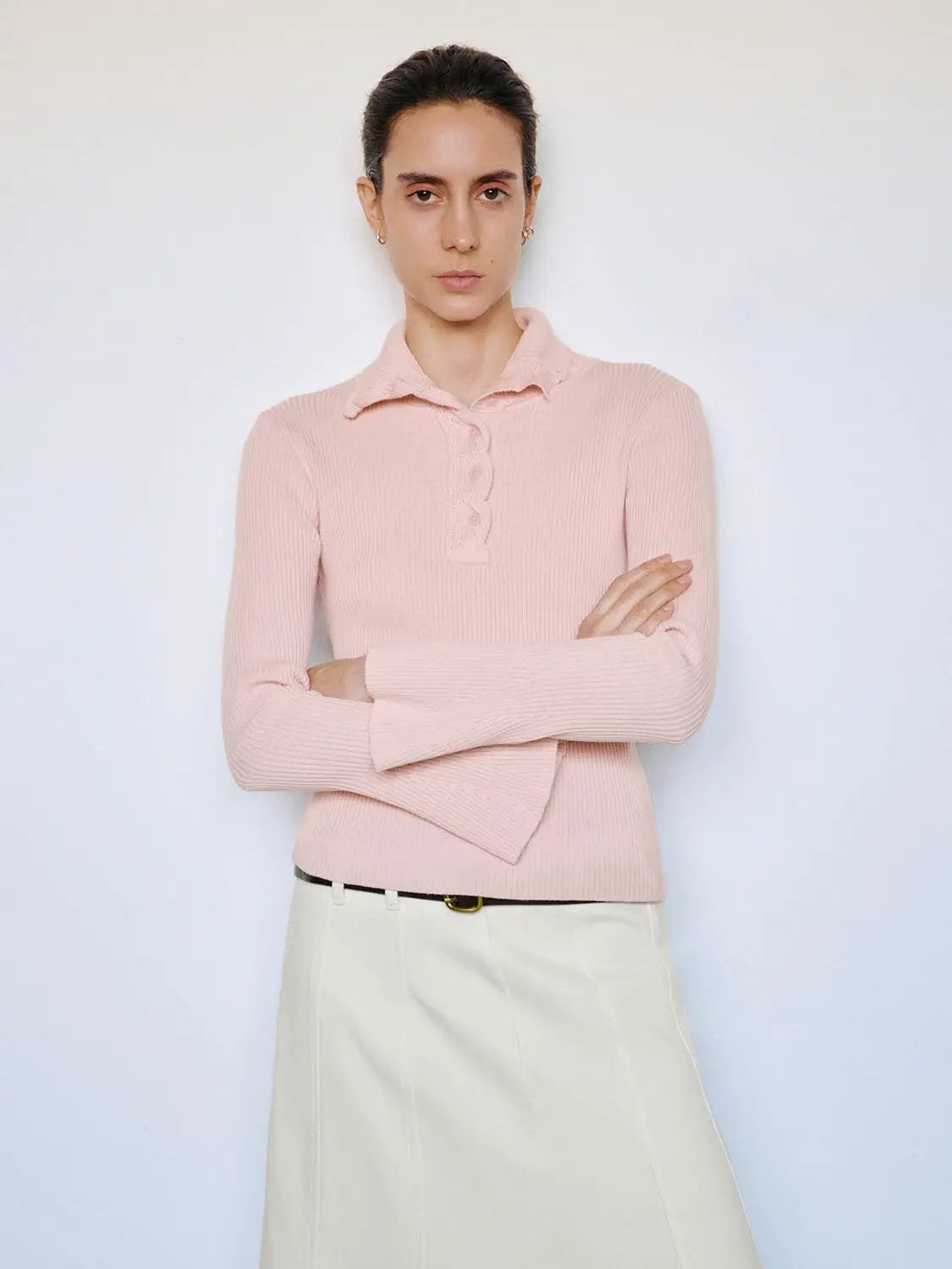 Ribbed Button Front Flared Mock Neck Long Sleeve Sweater