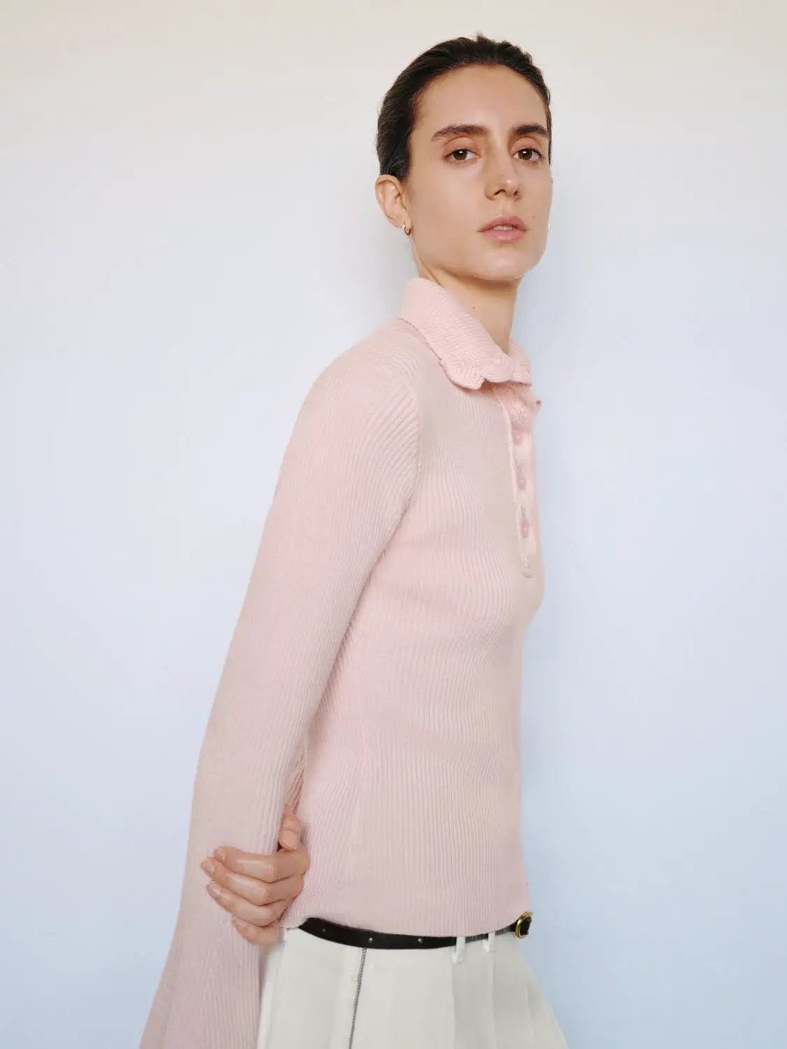 Ribbed Button Front Flared Mock Neck Long Sleeve Sweater