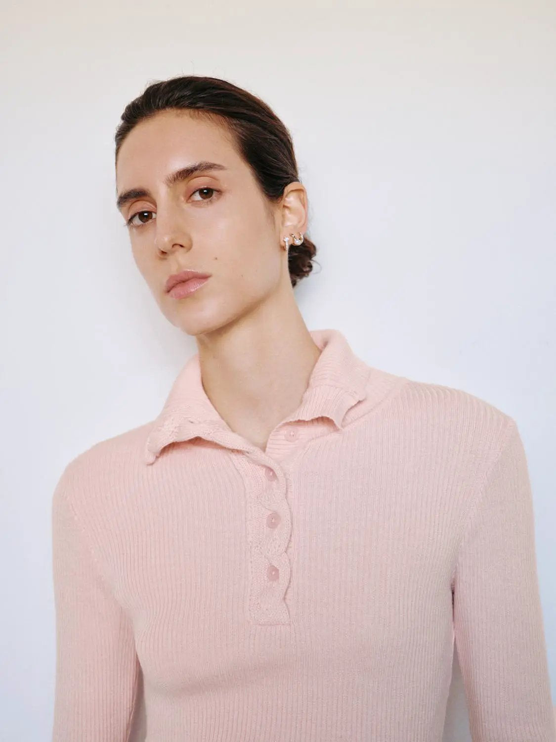 Ribbed Button Front Flared Mock Neck Long Sleeve Sweater