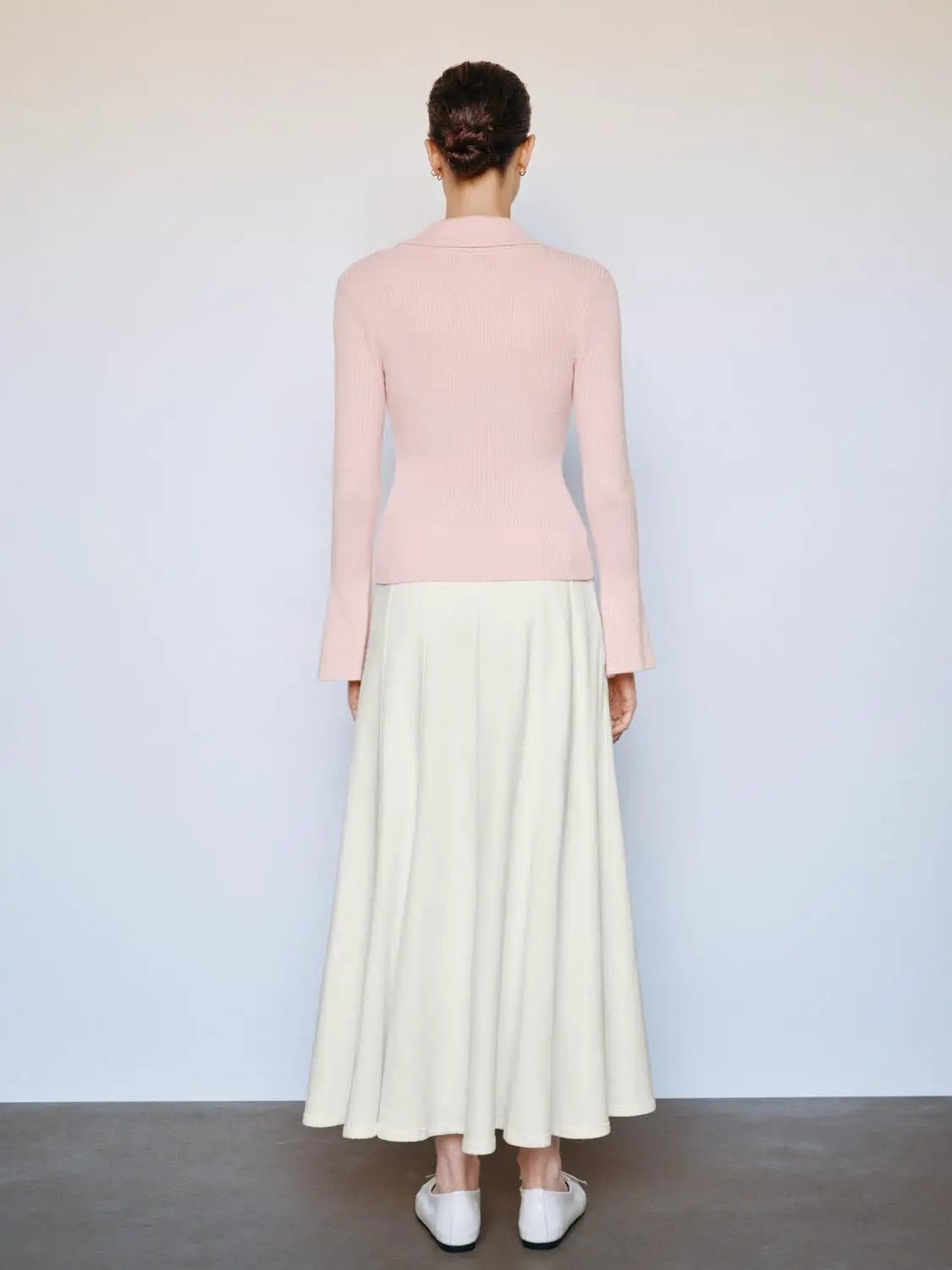 Ribbed Button Front Flared Mock Neck Long Sleeve Sweater