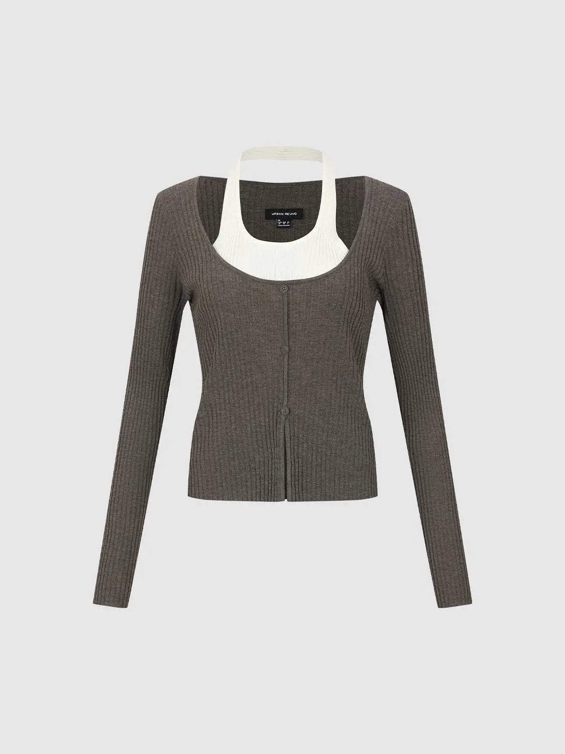 Ribbed Fitted Crew Neck Long Sleeve Cardigan