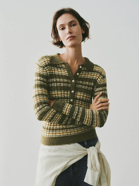 Striped Long Sleeve Shirt Collar Sweater