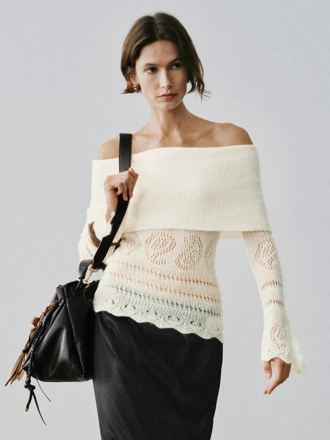 Off-Shoulder Rib Knit Lace Long Sleeve T-Shirt