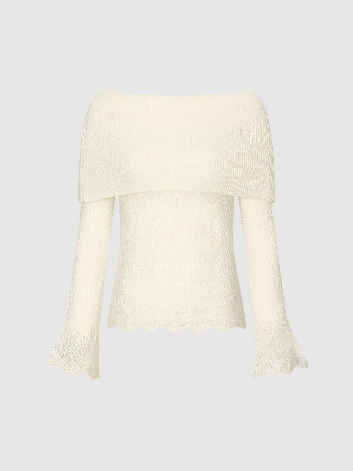 Off-Shoulder Rib Knit Lace Long Sleeve T-Shirt