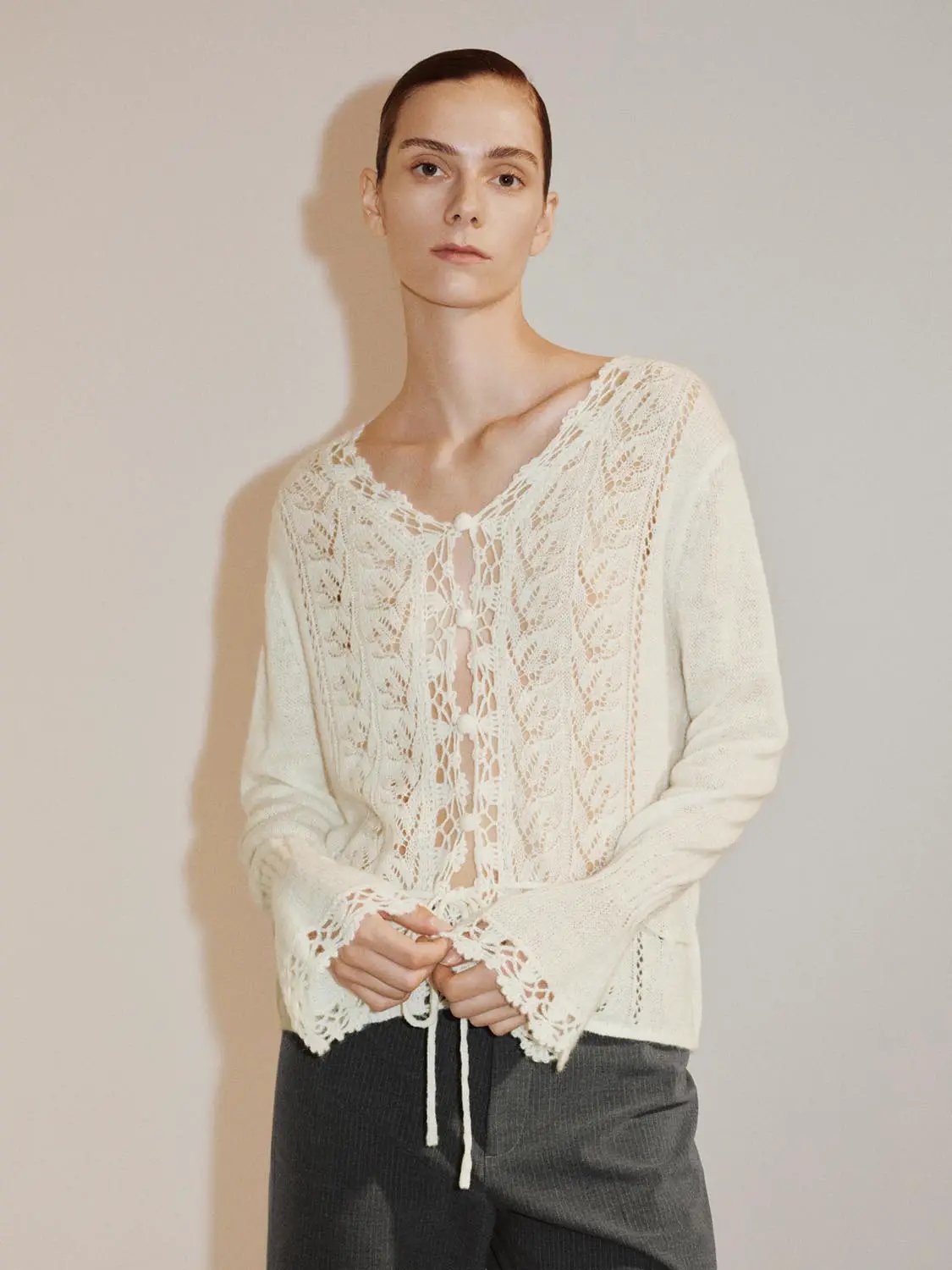 Textured Button Front V-neck Long Sleeve Tie Waist Cardigan