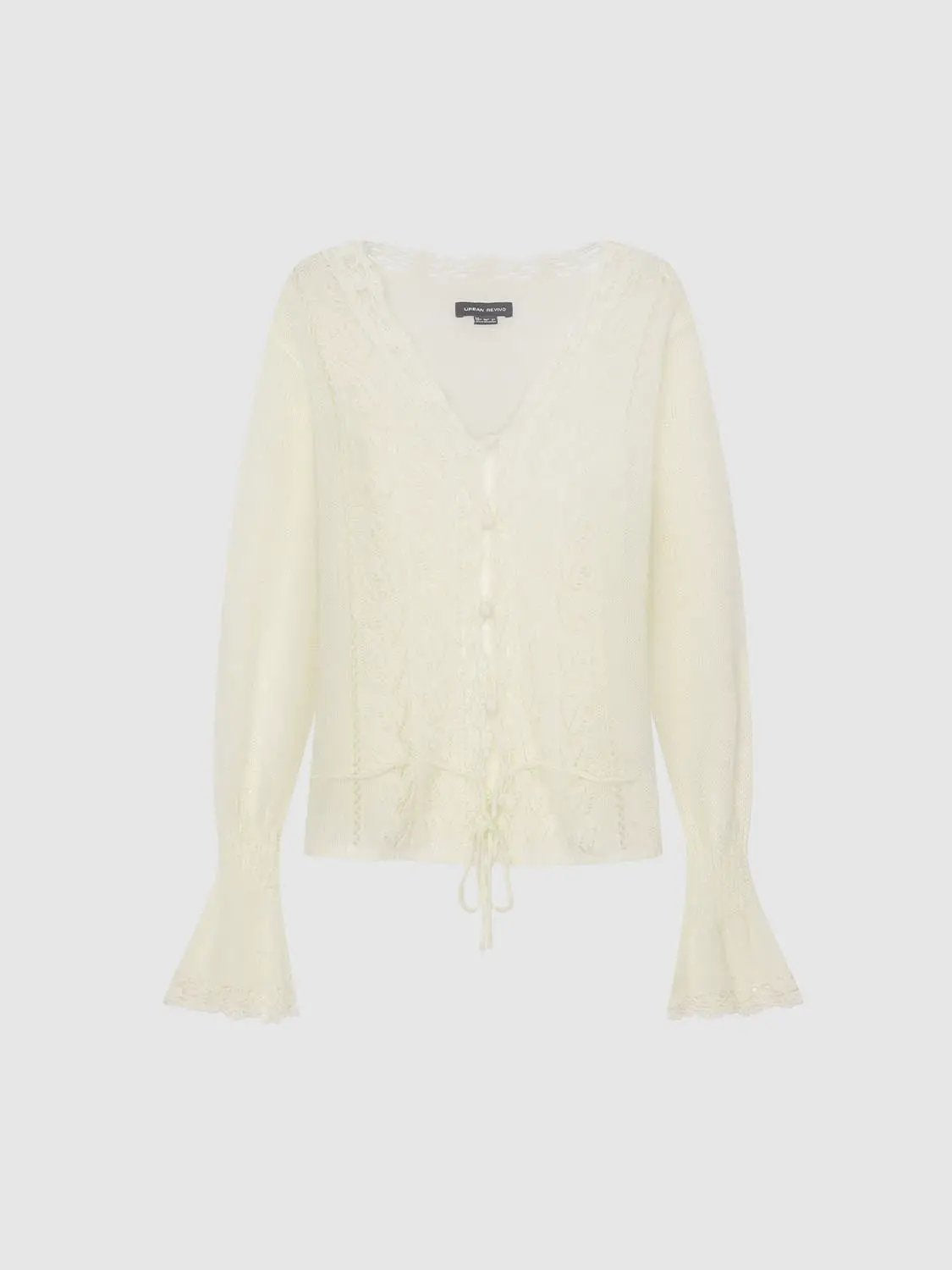 Textured Button Front V-neck Long Sleeve Tie Waist Cardigan