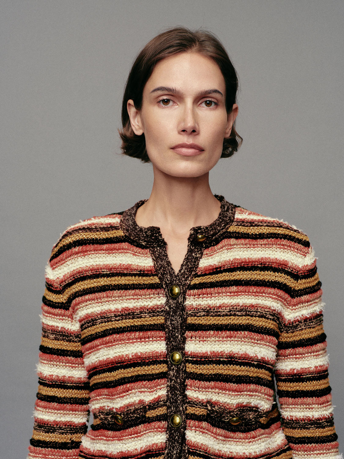 Striped Knit Crew Neck Long Sleeve Cotton Blend Jacket