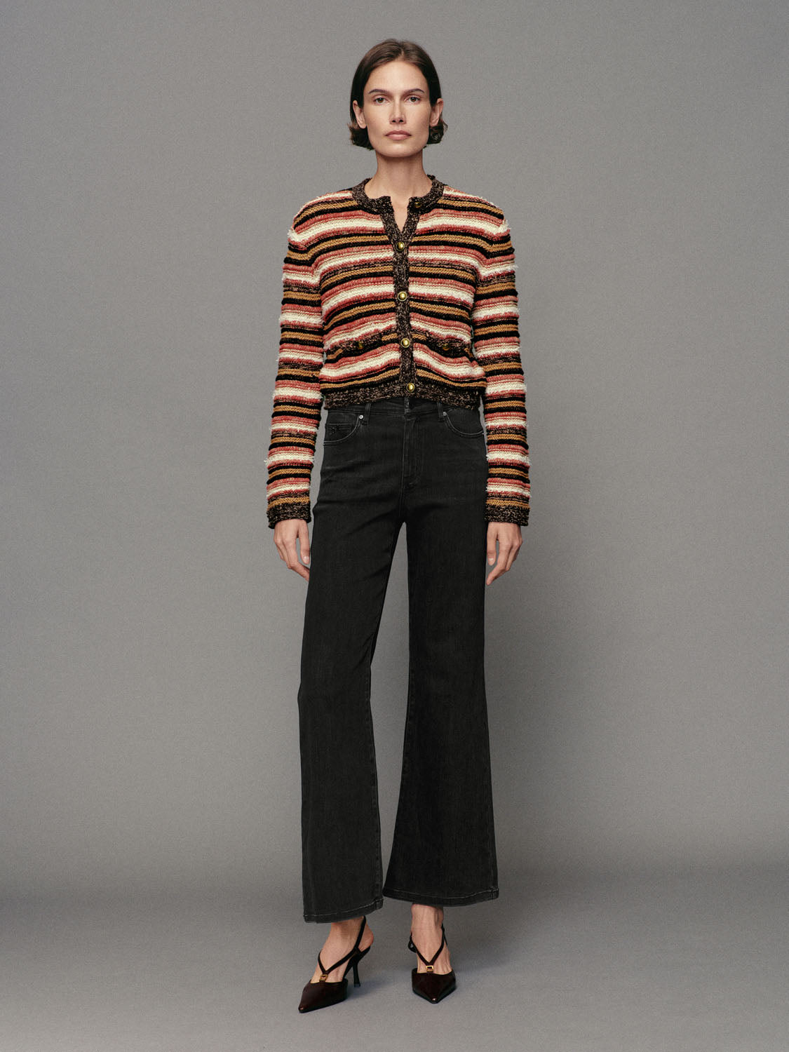 Striped Knit Crew Neck Long Sleeve Cotton Blend Jacket