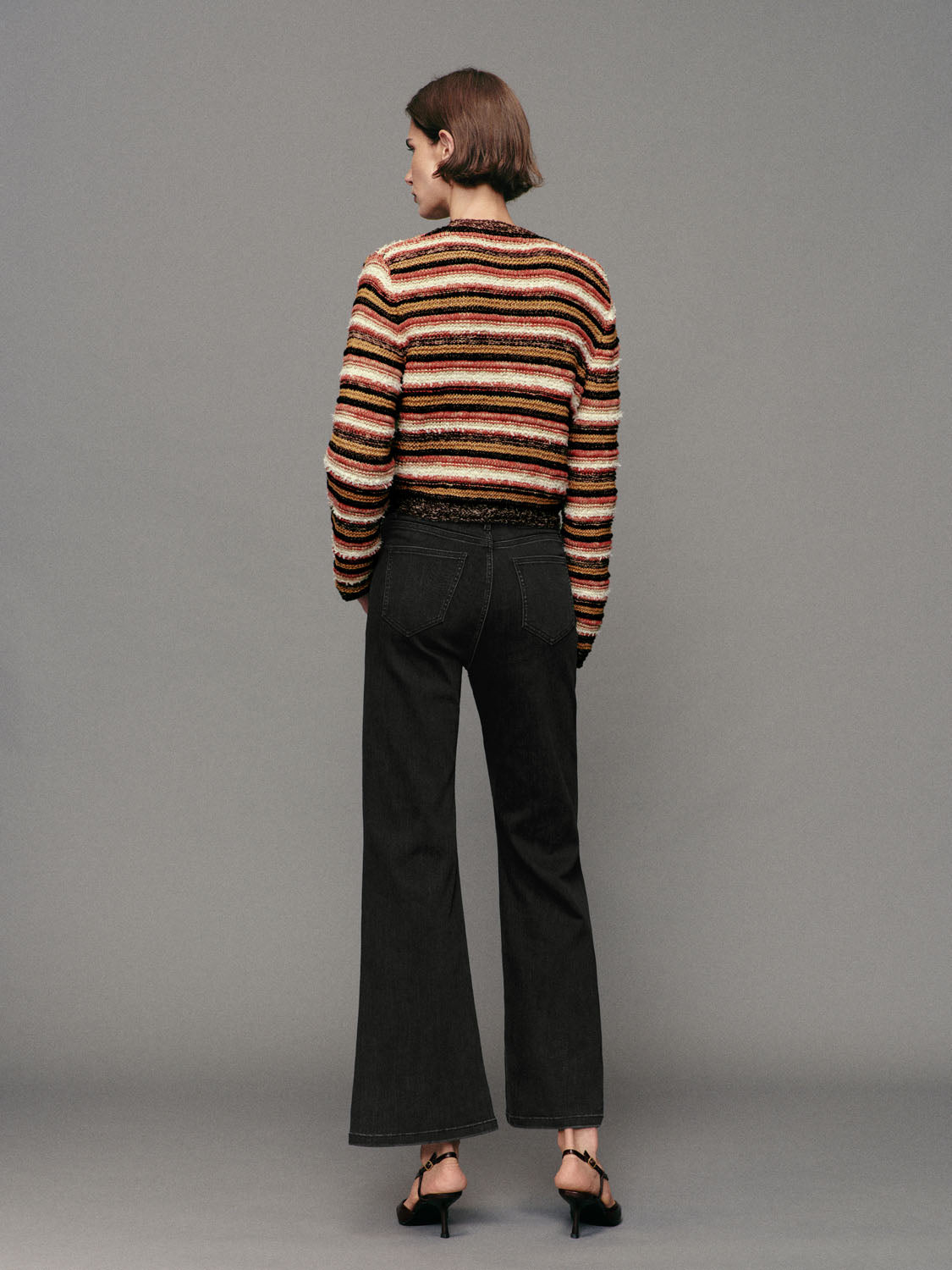 Striped Knit Crew Neck Long Sleeve Cotton Blend Jacket