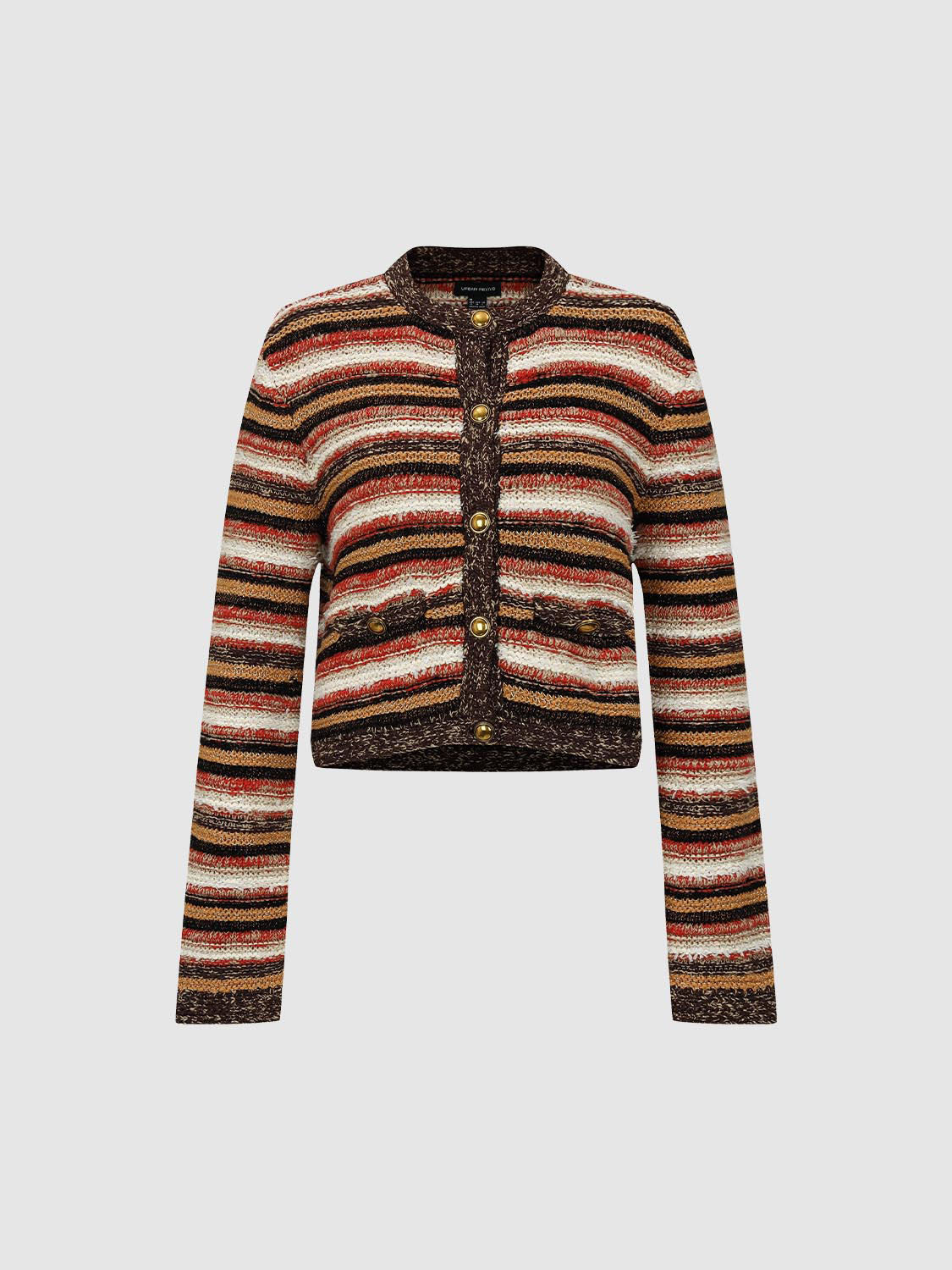 Striped Knit Crew Neck Long Sleeve Cotton Blend Jacket