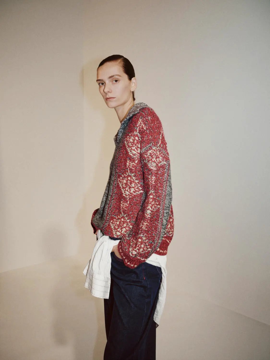 Patterned Ribbed Hem Crew Neck Long Sleeve Knit Sweater