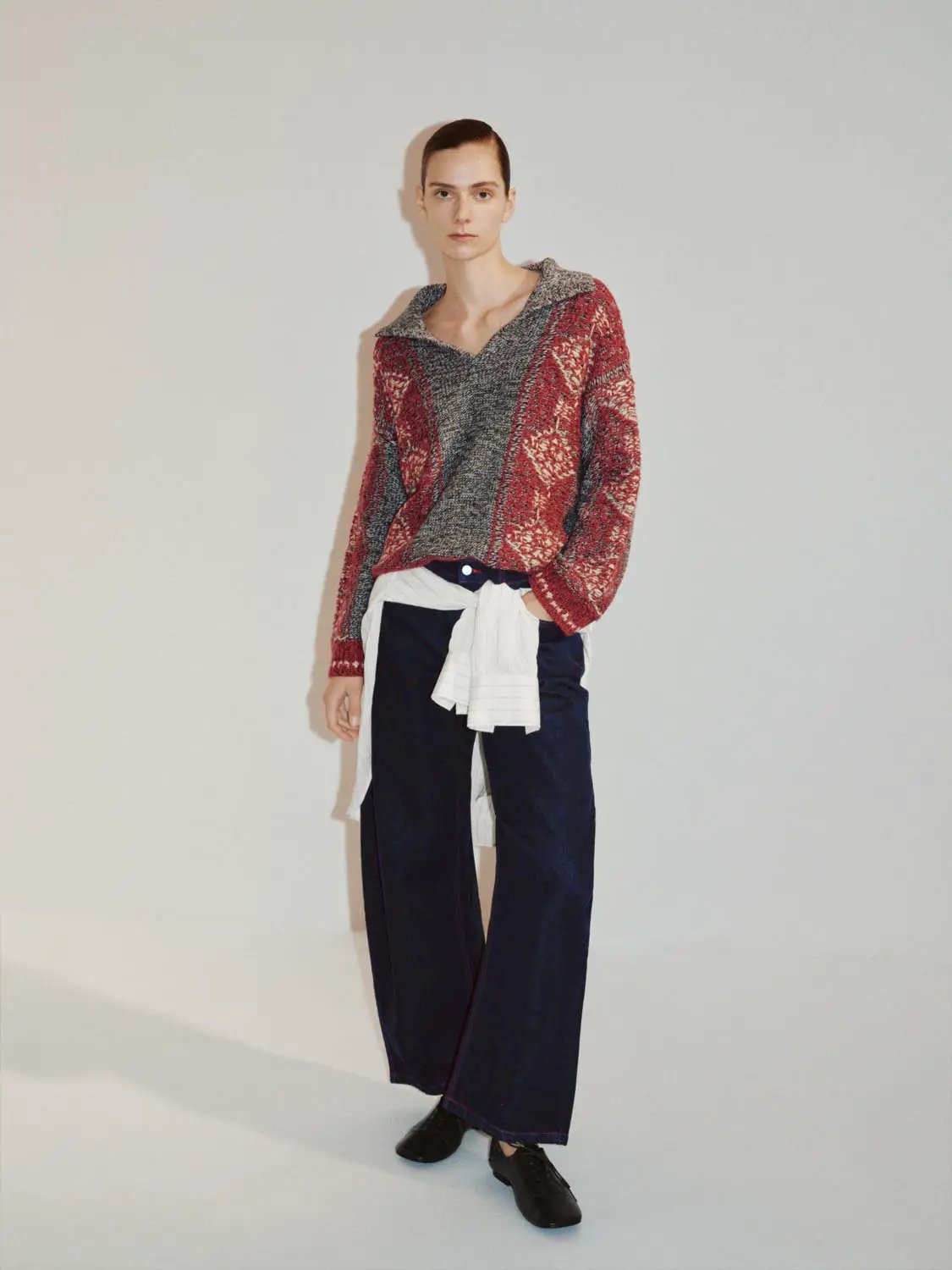 Patterned Ribbed Hem Crew Neck Long Sleeve Knit Sweater