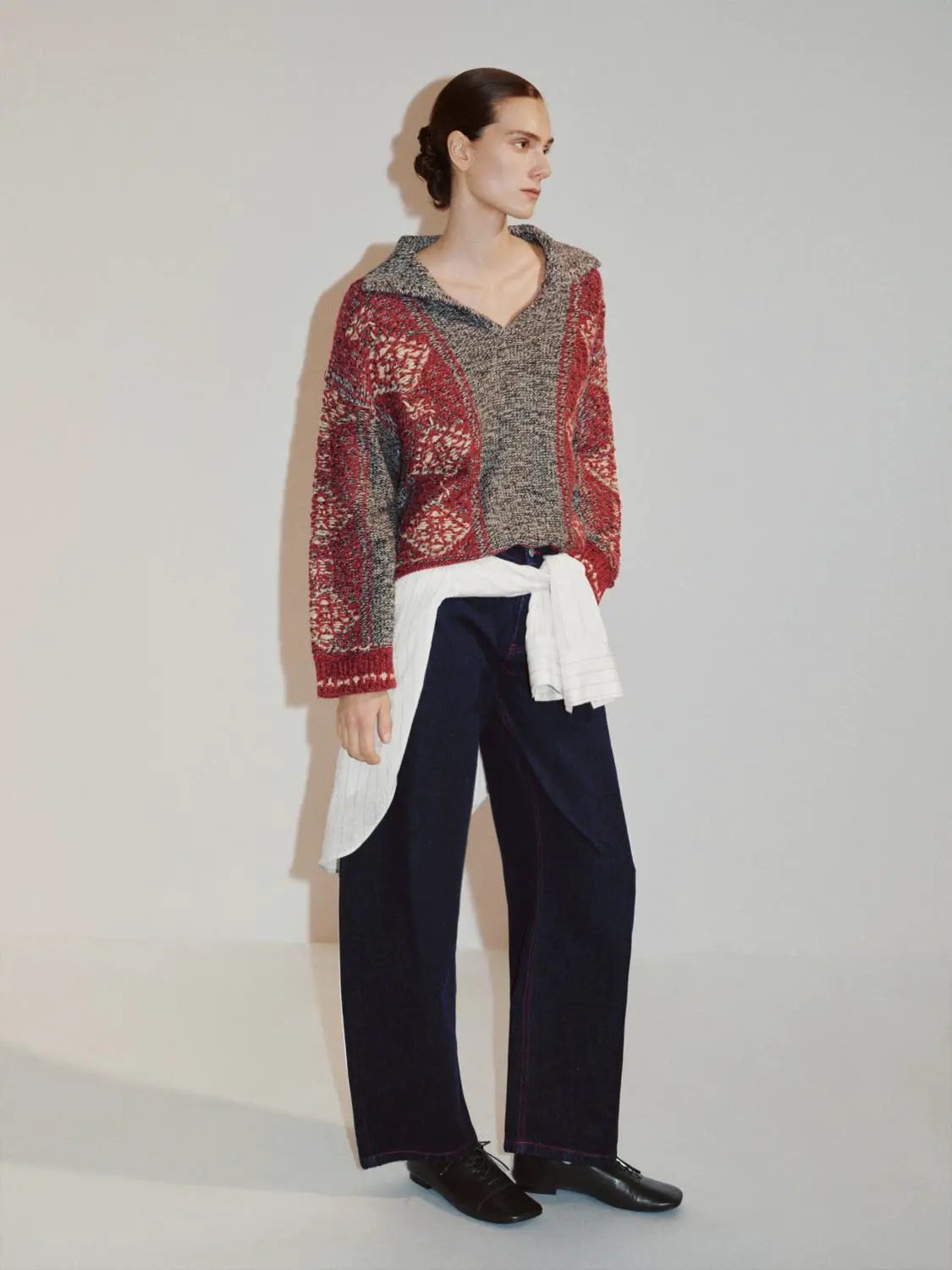 Patterned Ribbed Hem Crew Neck Long Sleeve Knit Sweater