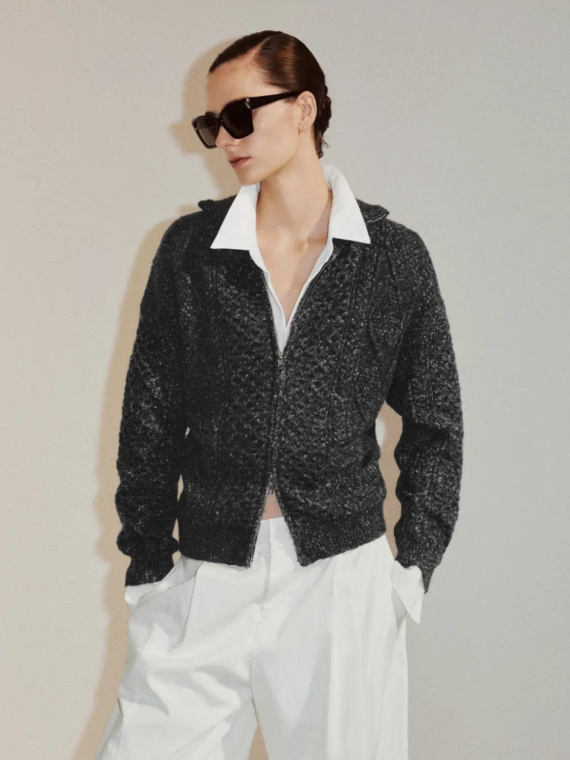 Textured Long Sleeve Zip Front Knit Jacket