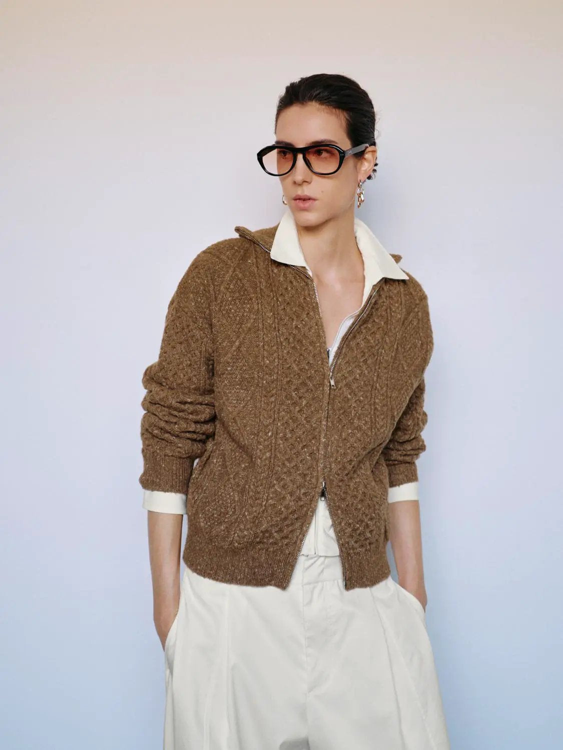 Textured Long Sleeve Zip Front Knit Jacket