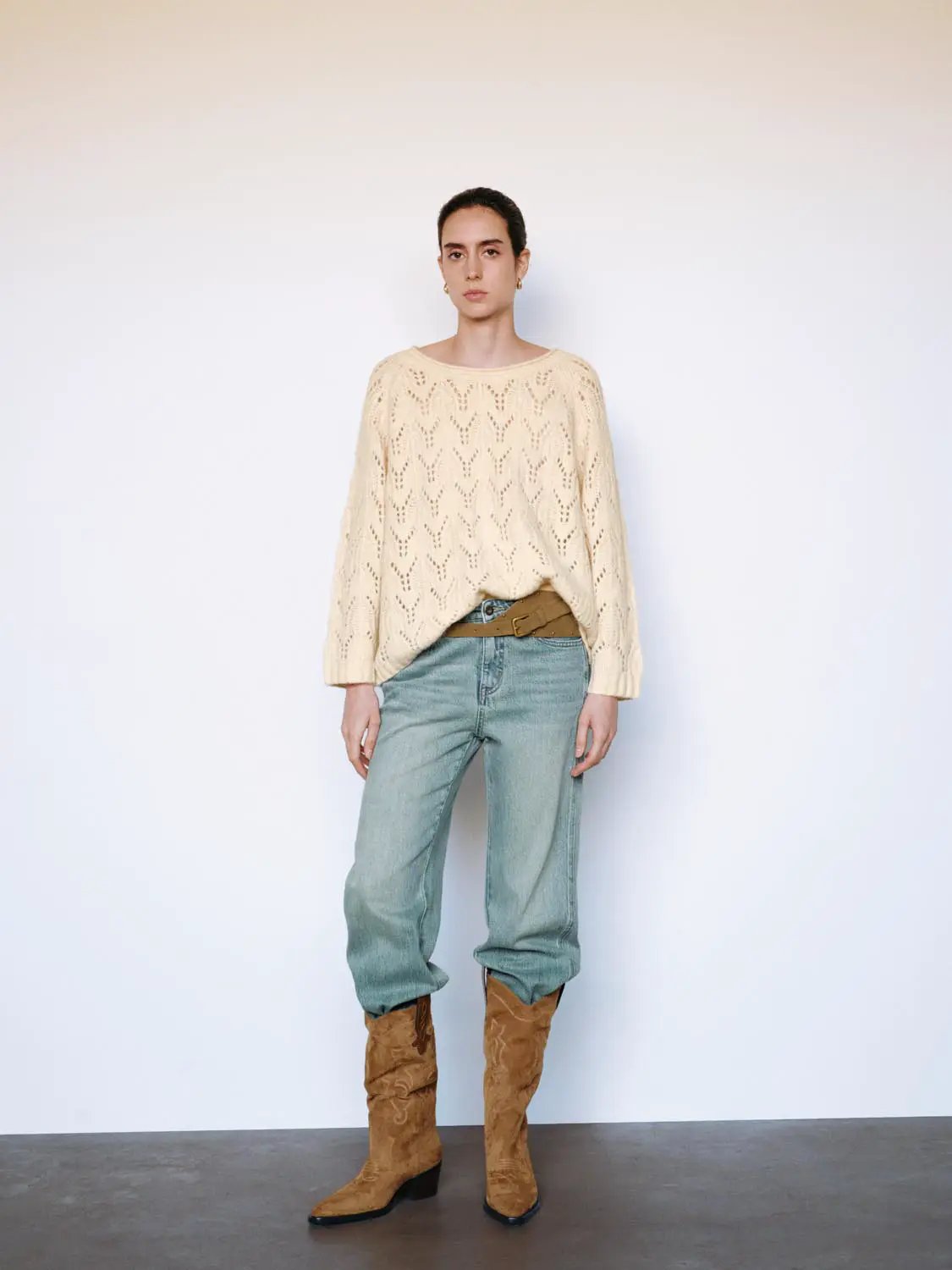 Open-knit Long Sleeve Oversized Boat Neck Sweater