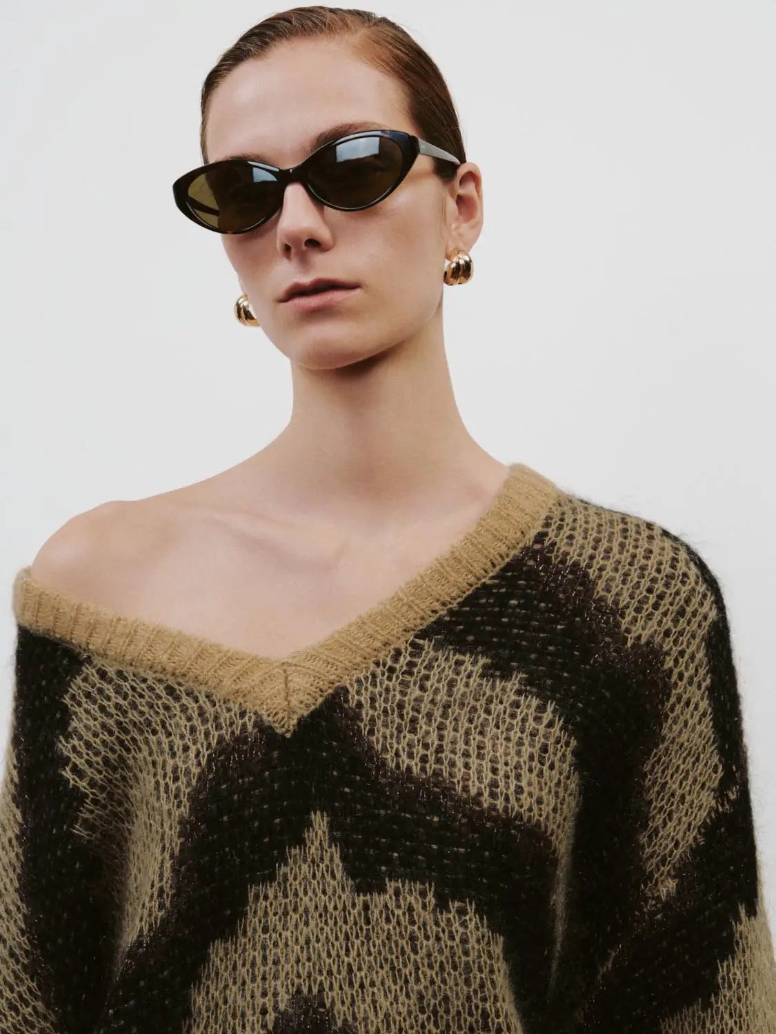 Wool Blend Abstract Print Long Sleeve V-neck Sweater