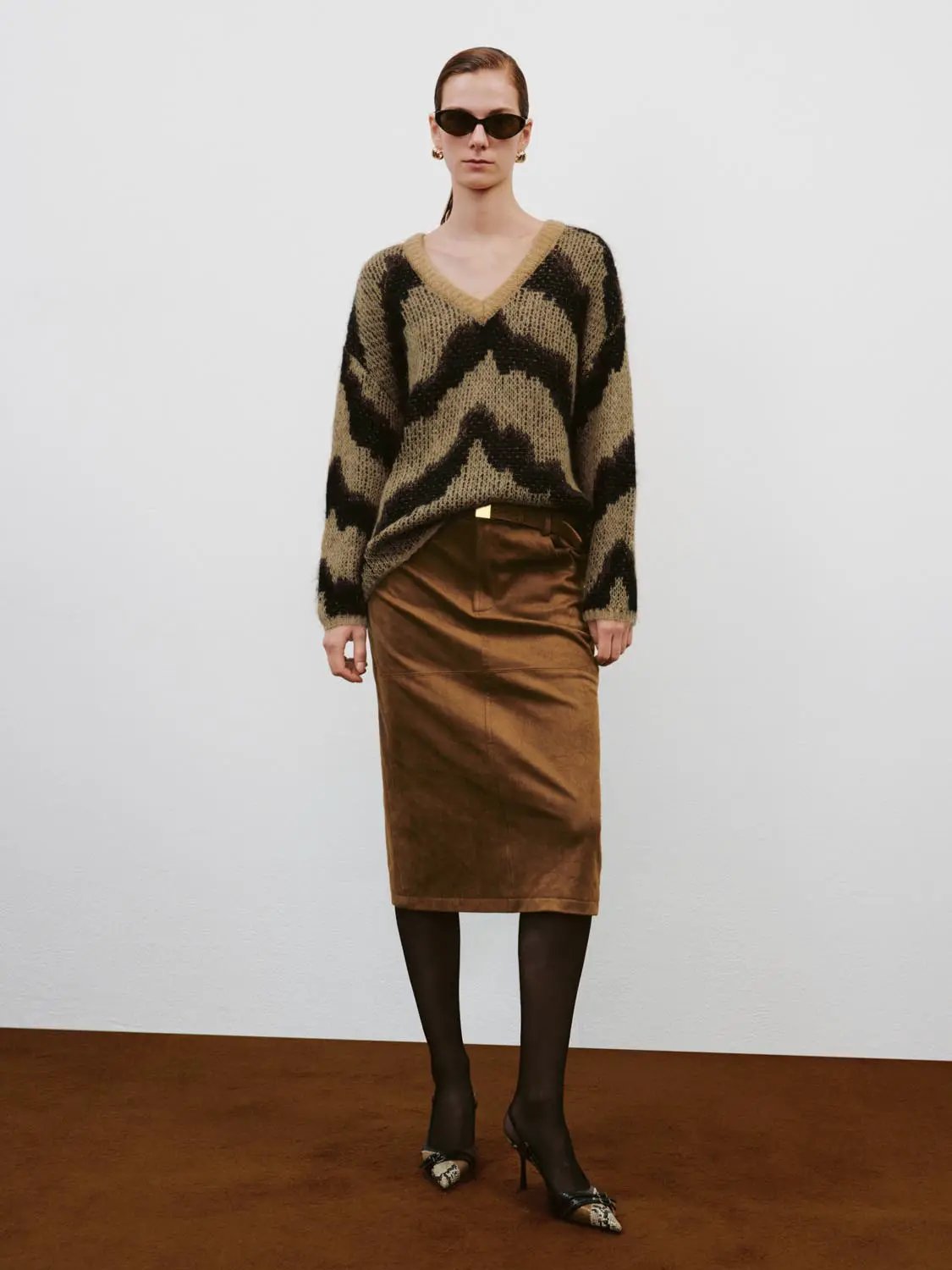 Wool Blend Abstract Print Long Sleeve V-neck Sweater