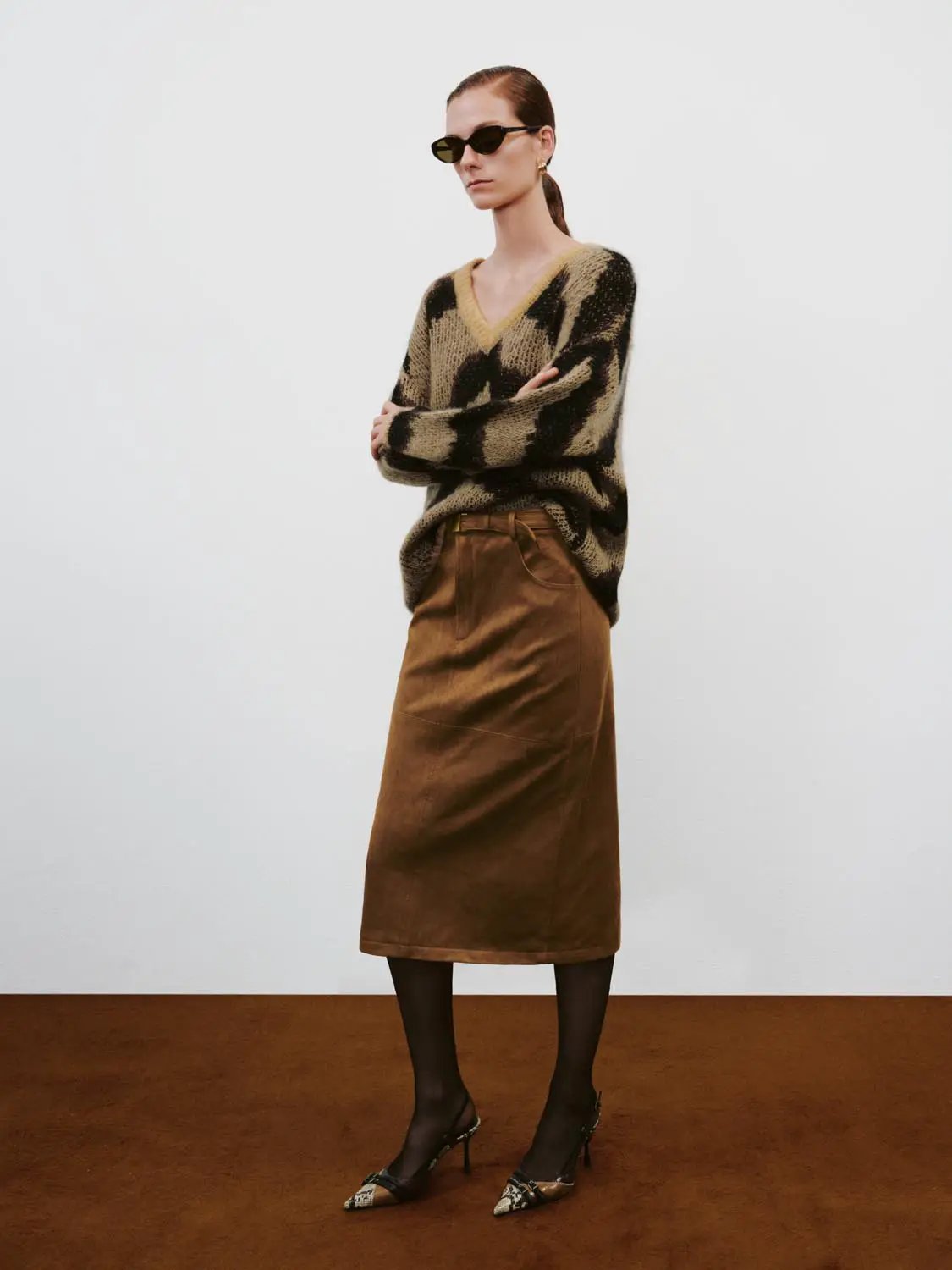 Wool Blend Abstract Print Long Sleeve V-neck Sweater