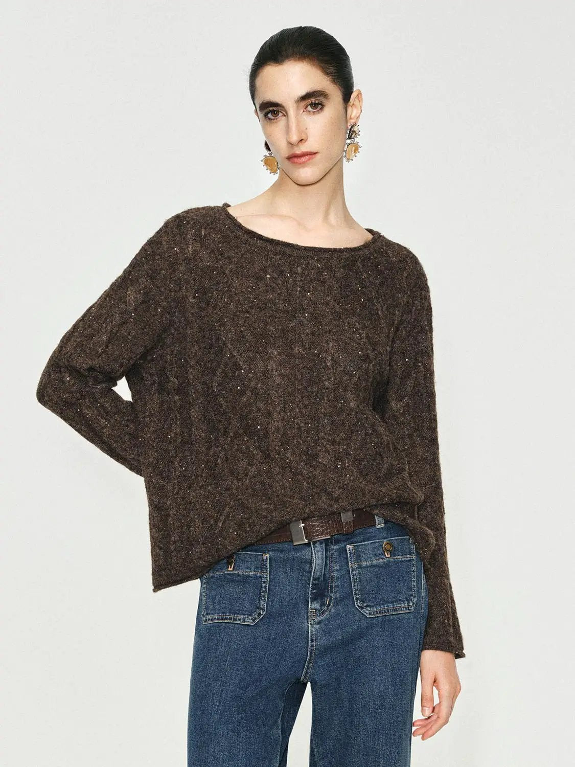 Textured Long Sleeve Oversized Boat Neck Knit Sweater