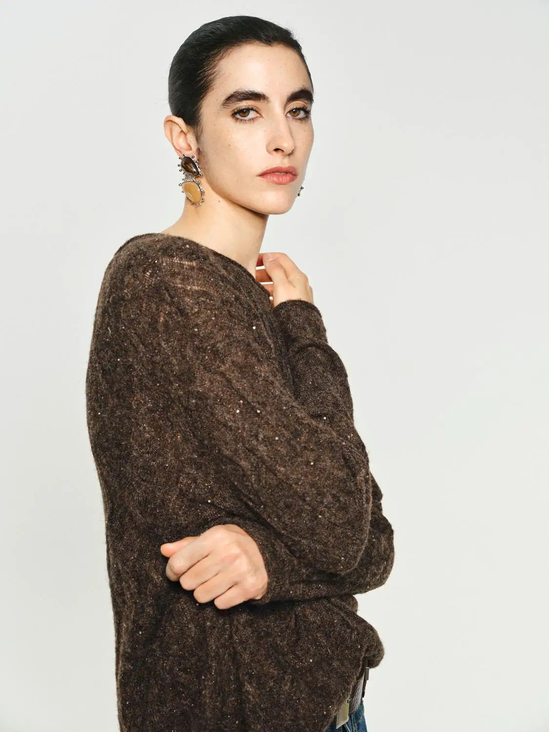 Textured Long Sleeve Oversized Boat Neck Knit Sweater