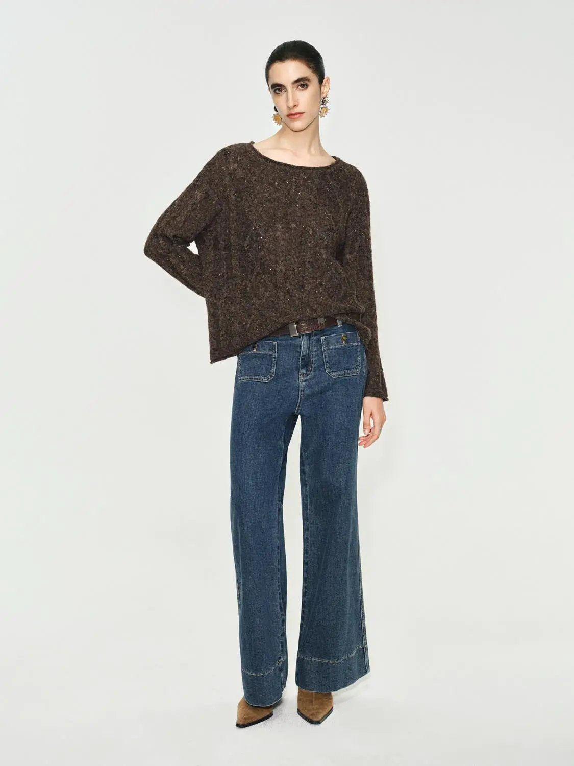 Textured Long Sleeve Oversized Boat Neck Knit Sweater