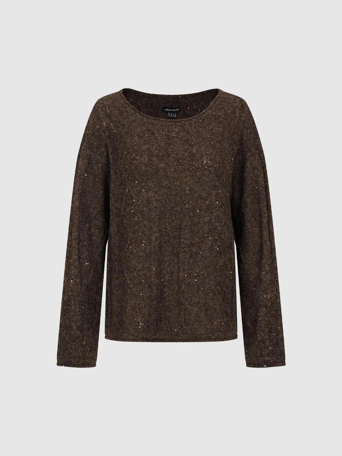 Textured Long Sleeve Oversized Boat Neck Knit Sweater