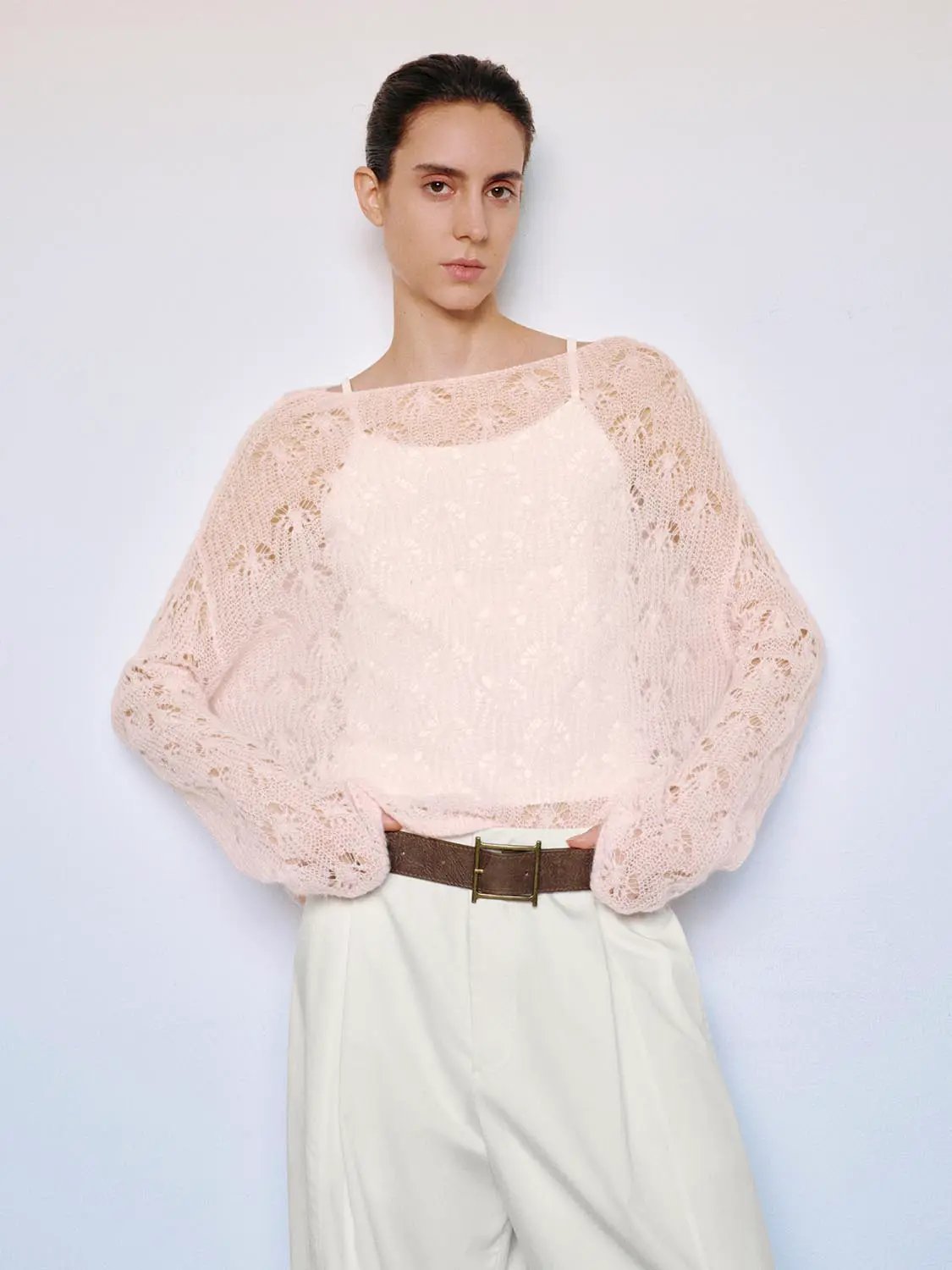 Open Knit Long Sleeve Cropped Boat Neck Sweater