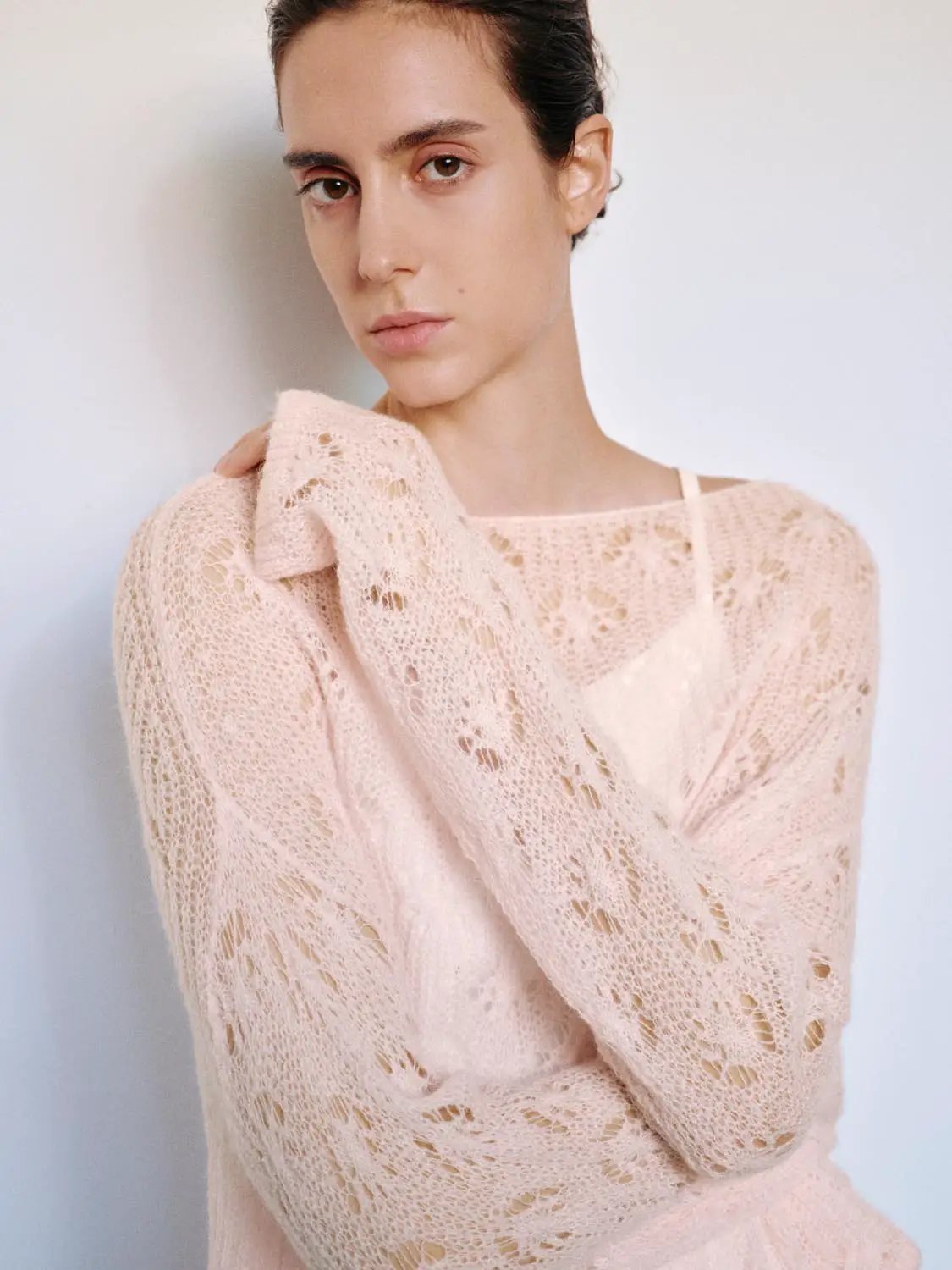 Open Knit Long Sleeve Cropped Boat Neck Sweater