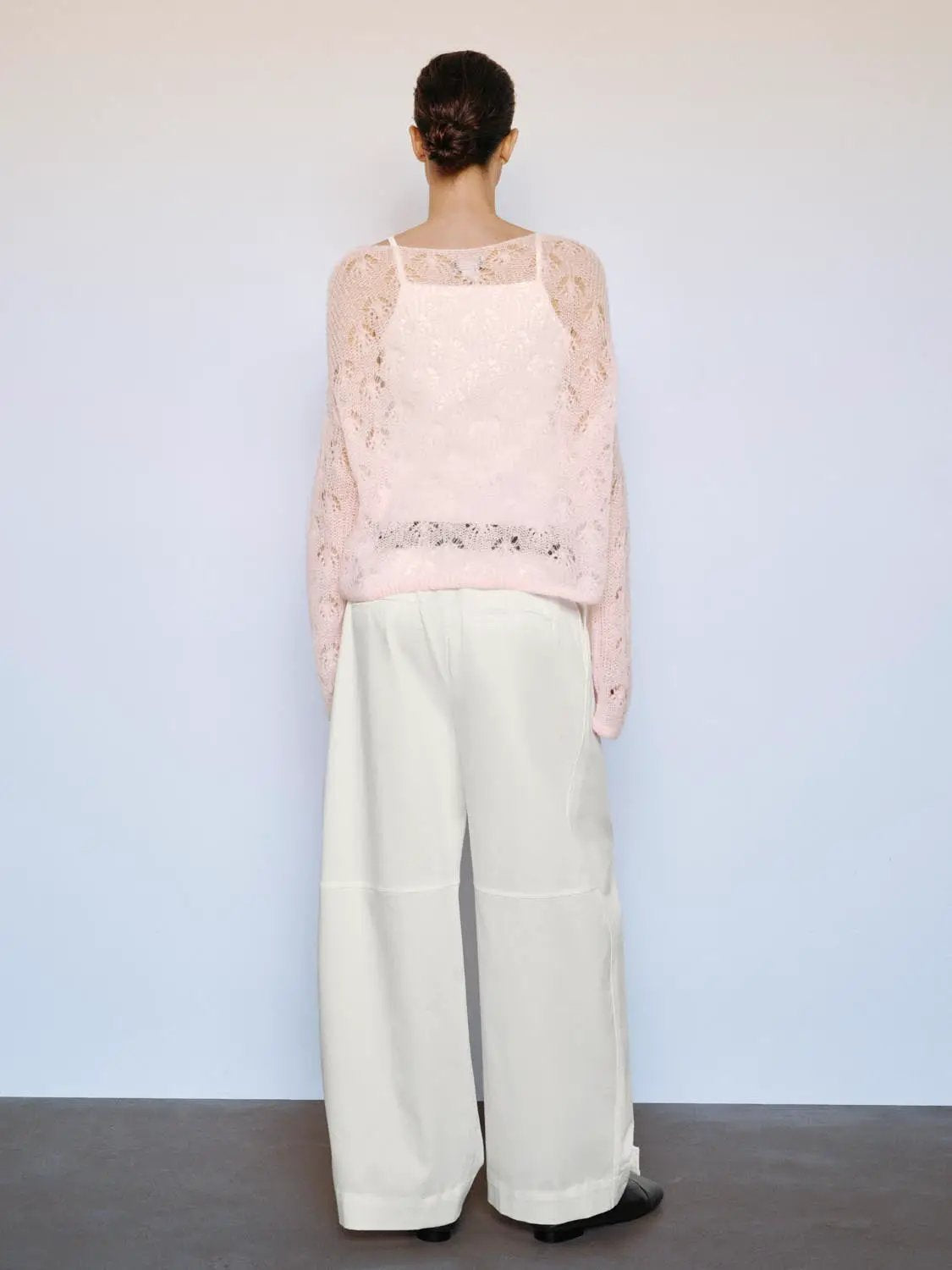 Open Knit Long Sleeve Cropped Boat Neck Sweater