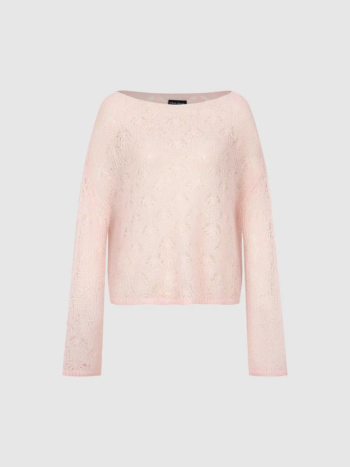 Open Knit Long Sleeve Cropped Boat Neck Sweater