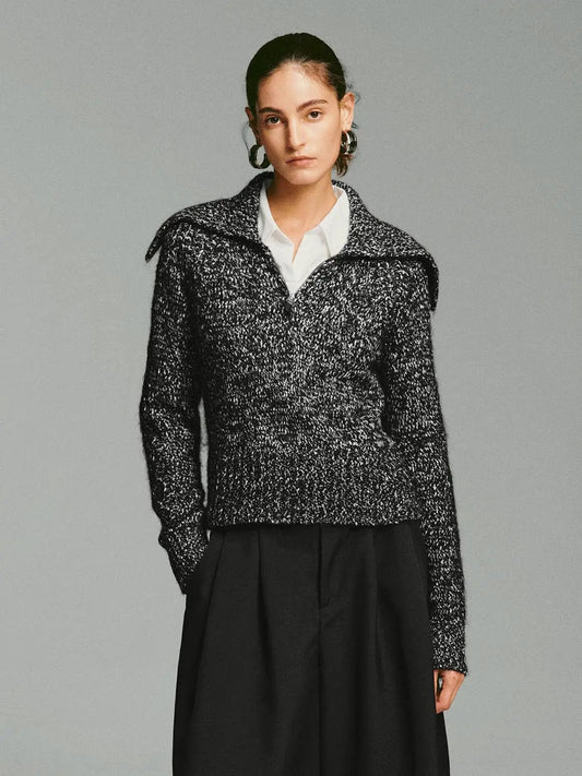 Textured Zipper Long Sleeve Mock Neck Sweater