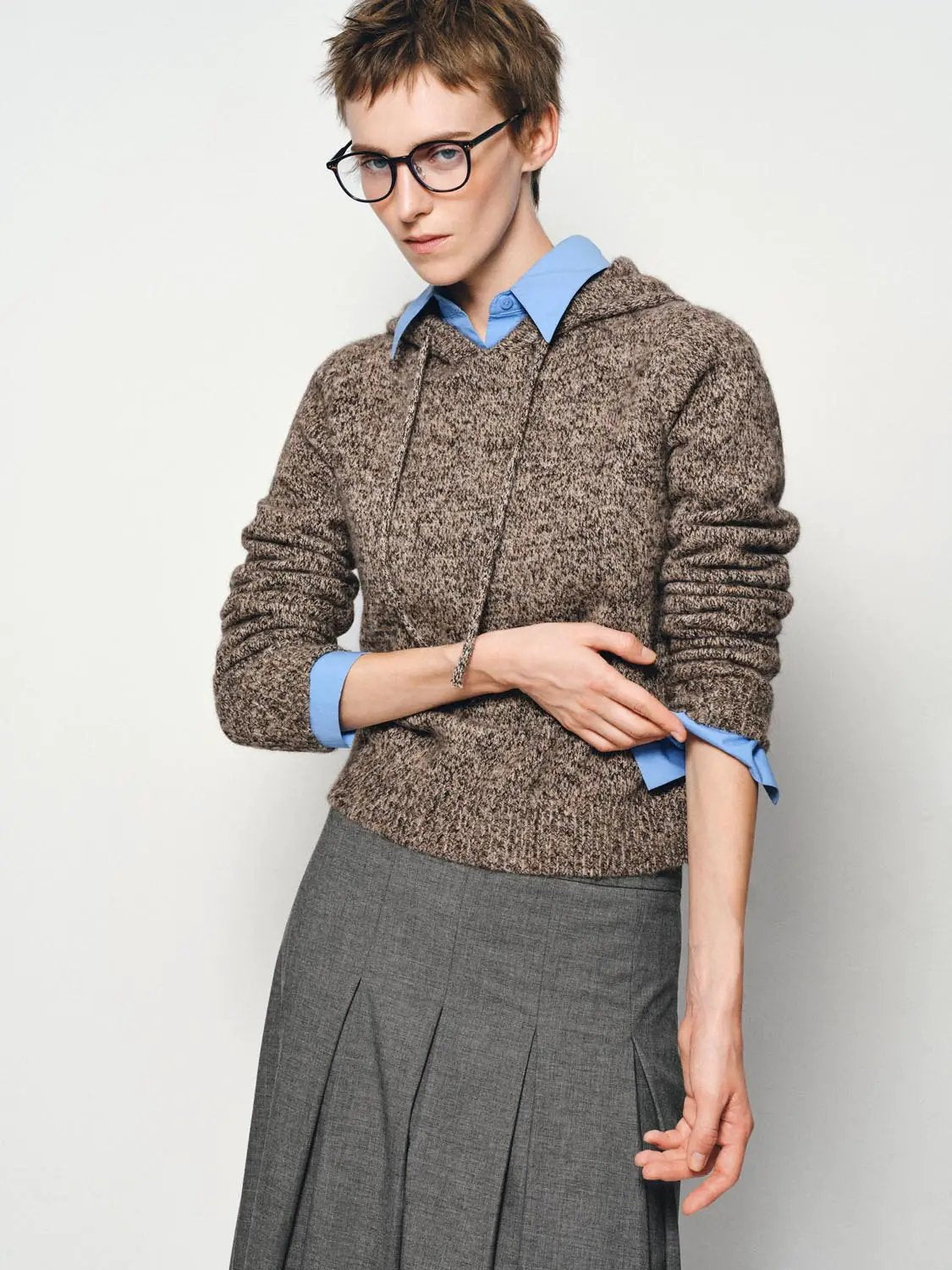 Textured Long Sleeve Marled Drawstring Hooded Pullover