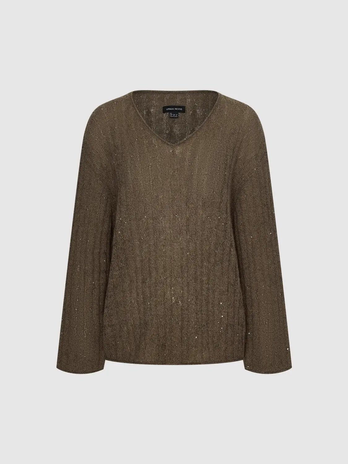Textured Long Sleeve V-neck Knit T-Shirt