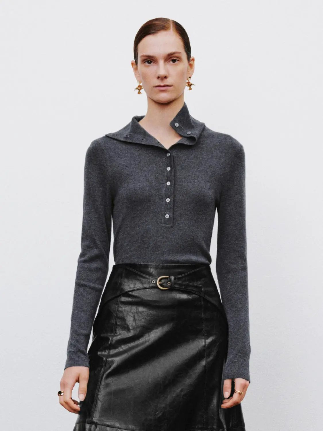 Fitted Button Front Mock Neck Long Sleeve Sweater