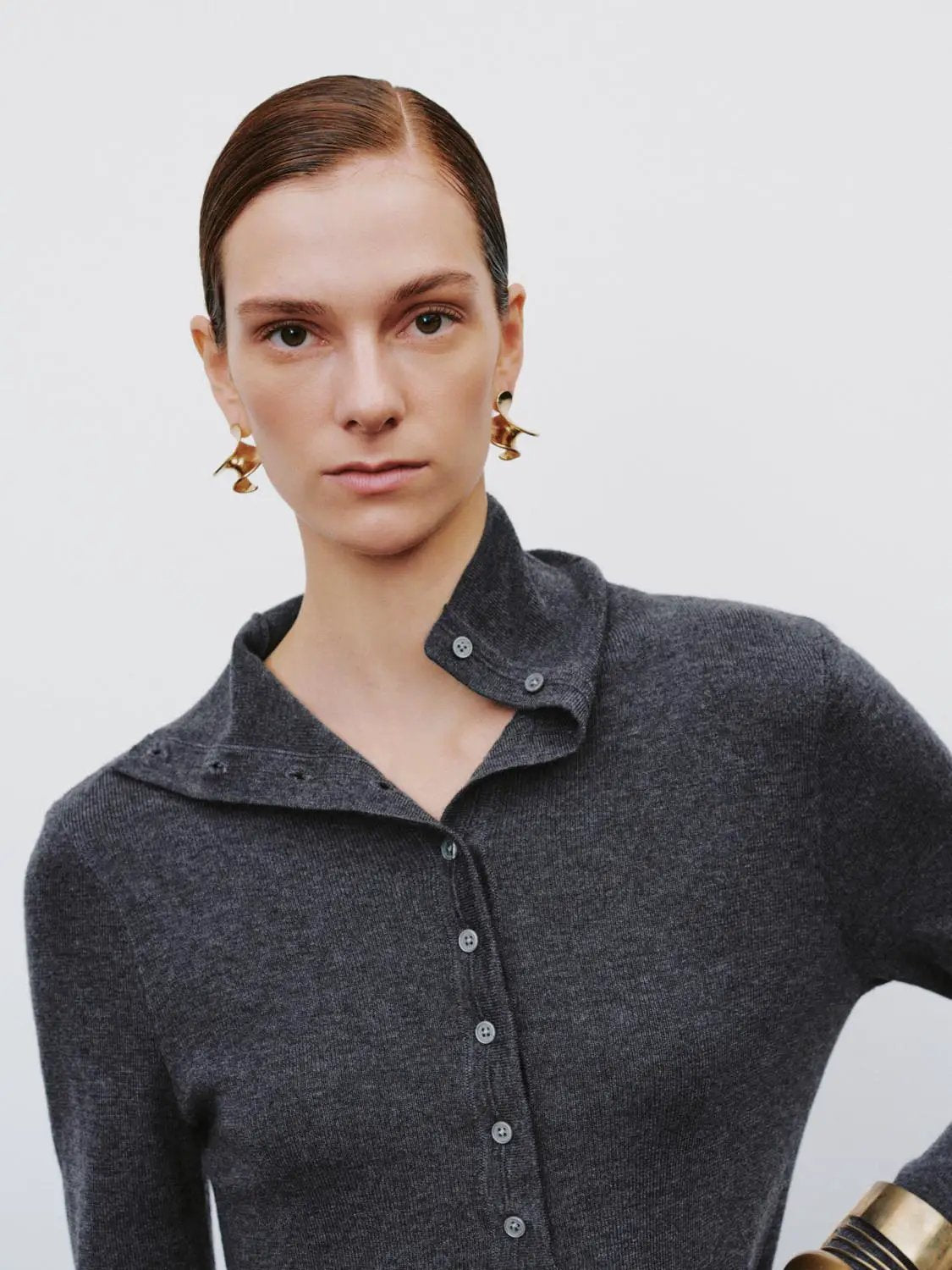 Fitted Button Front Mock Neck Long Sleeve Sweater