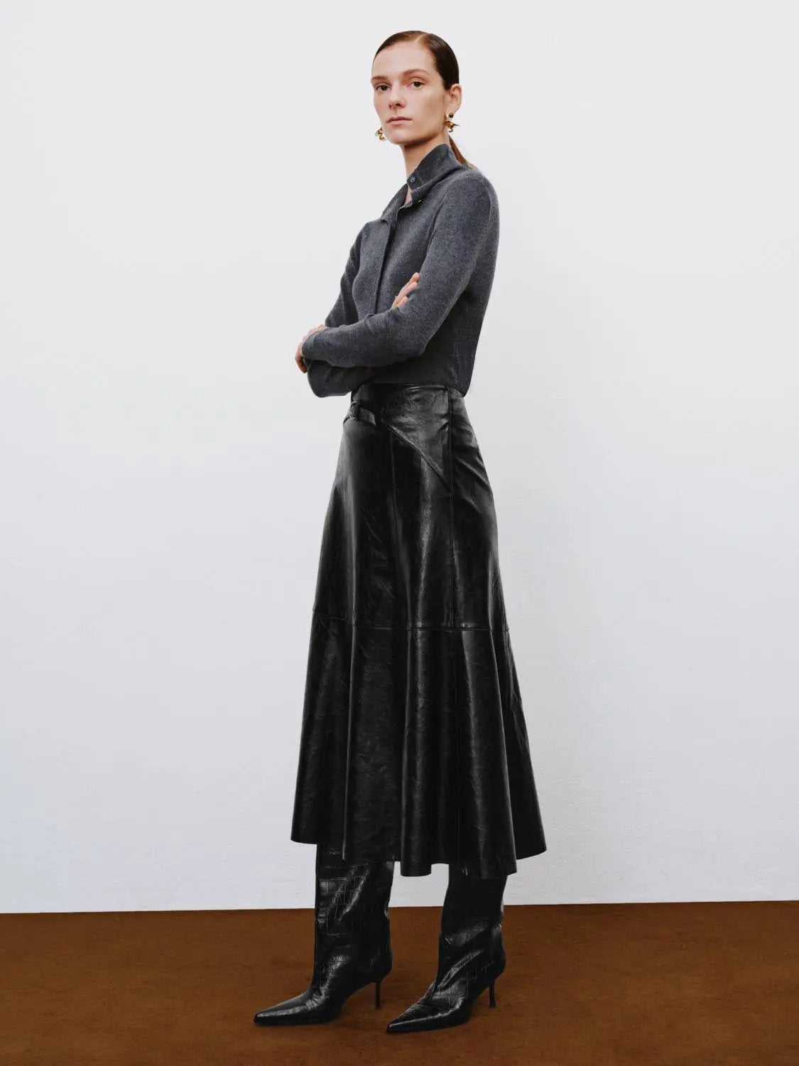 Fitted Button Front Mock Neck Long Sleeve Sweater