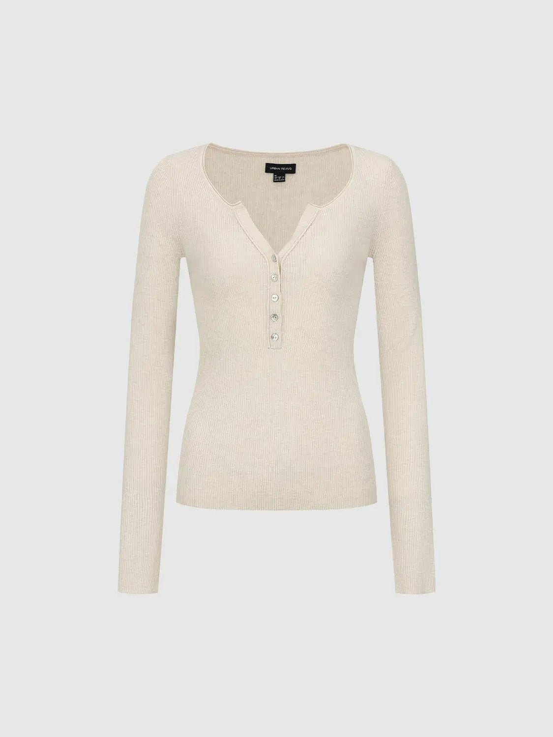 Fitted Ribbed Button Front V-Neck Long Sleeve Knit Top