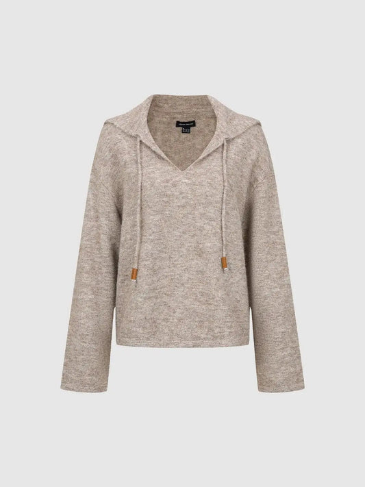 Marled Knit Drawstring Hooded V-neck Long Sleeve Sweater