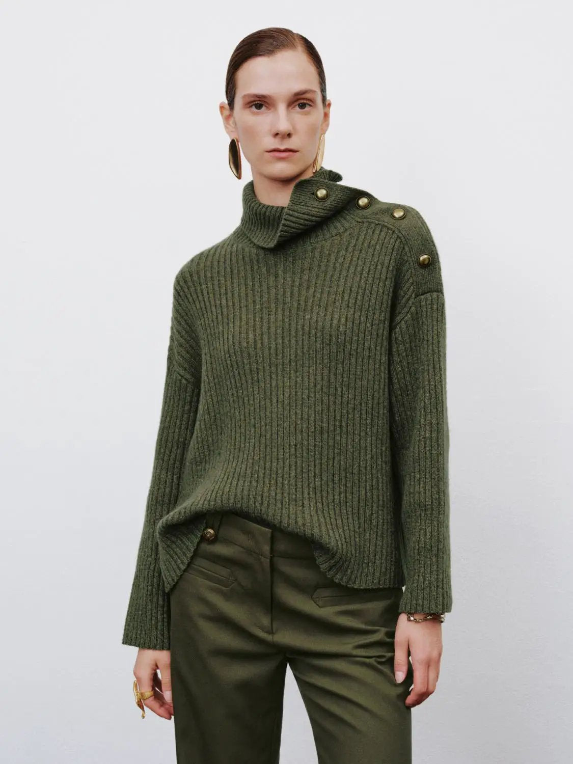 Ribbed Asymmetric Button Long Sleeve Sweater