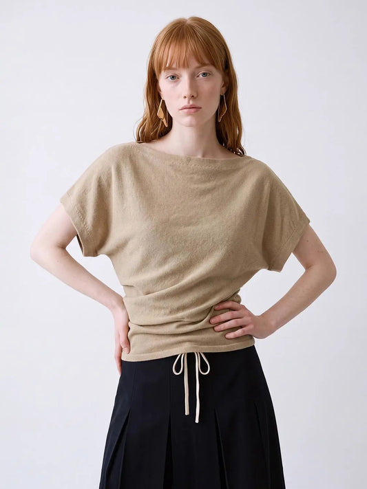 Ruched Drawstring Boat Neck Short Sleeve Cotton Blend Knit Top
