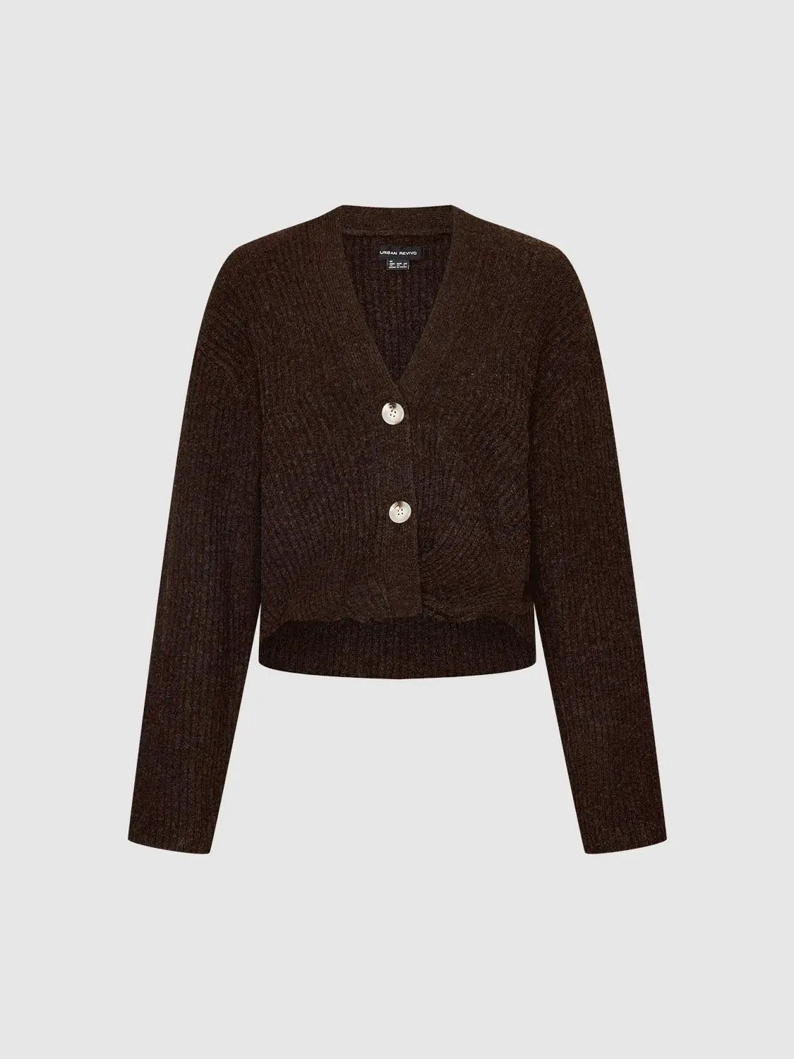 Ribbed Button Front Long Sleeve V-Neck Twisted Hem Cardigan
