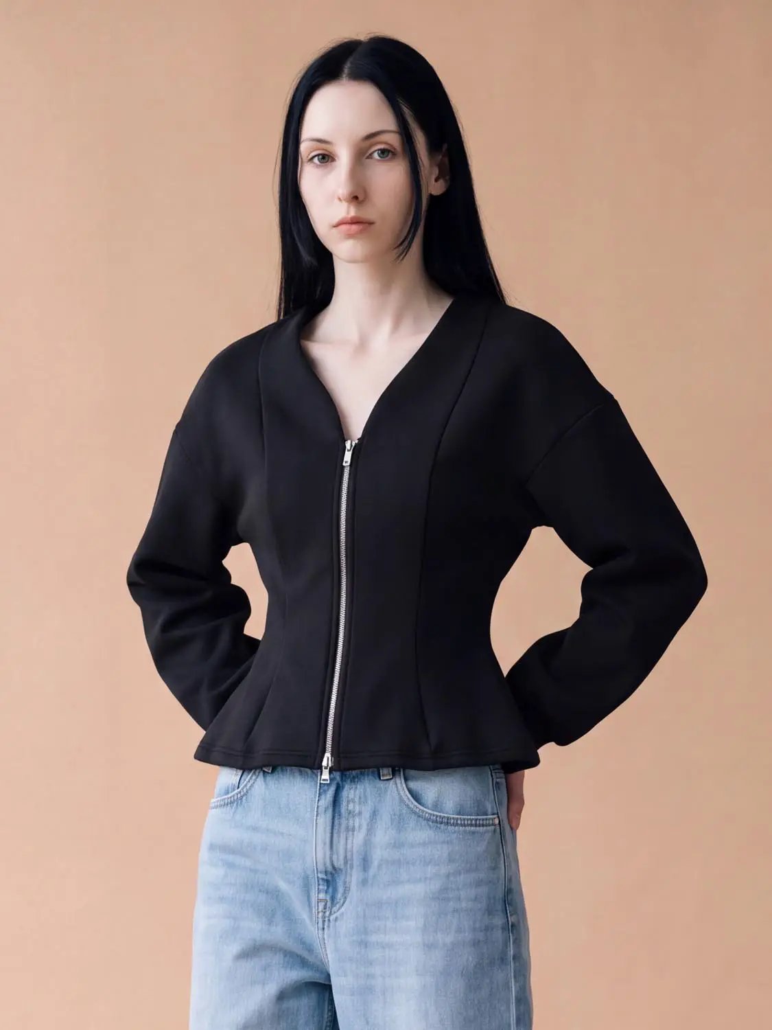 V Neck Zip Front Fitted Waist Cropped Jacket
