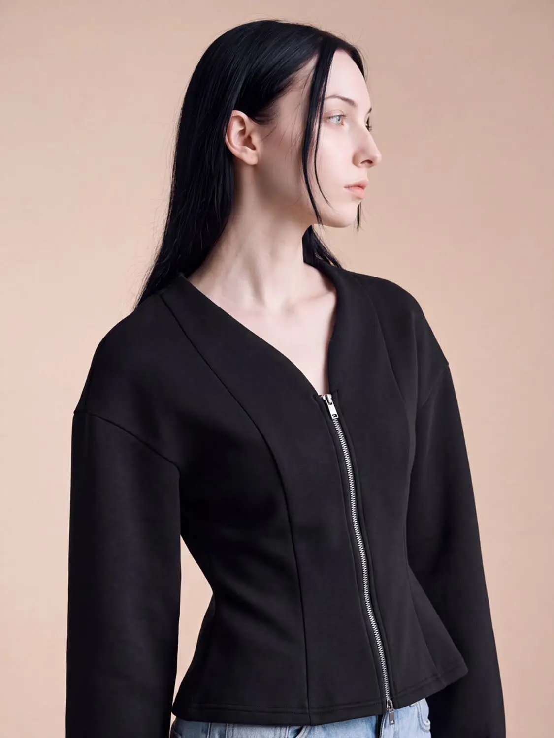 V Neck Zip Front Fitted Waist Cropped Jacket